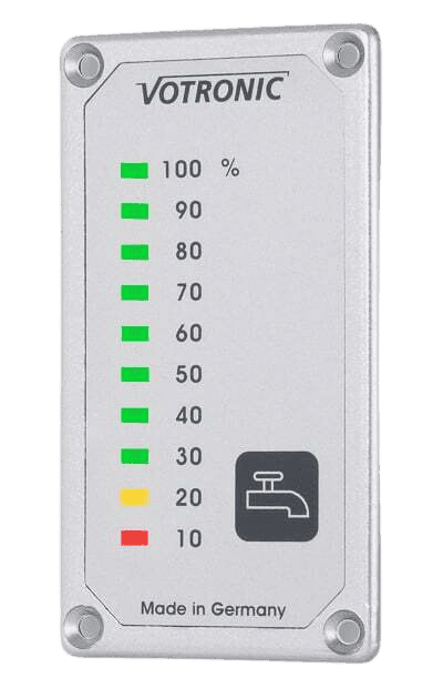 Votronic fresh water tank level display featuring a vertical LED indicator scale from 10 to 100 percent