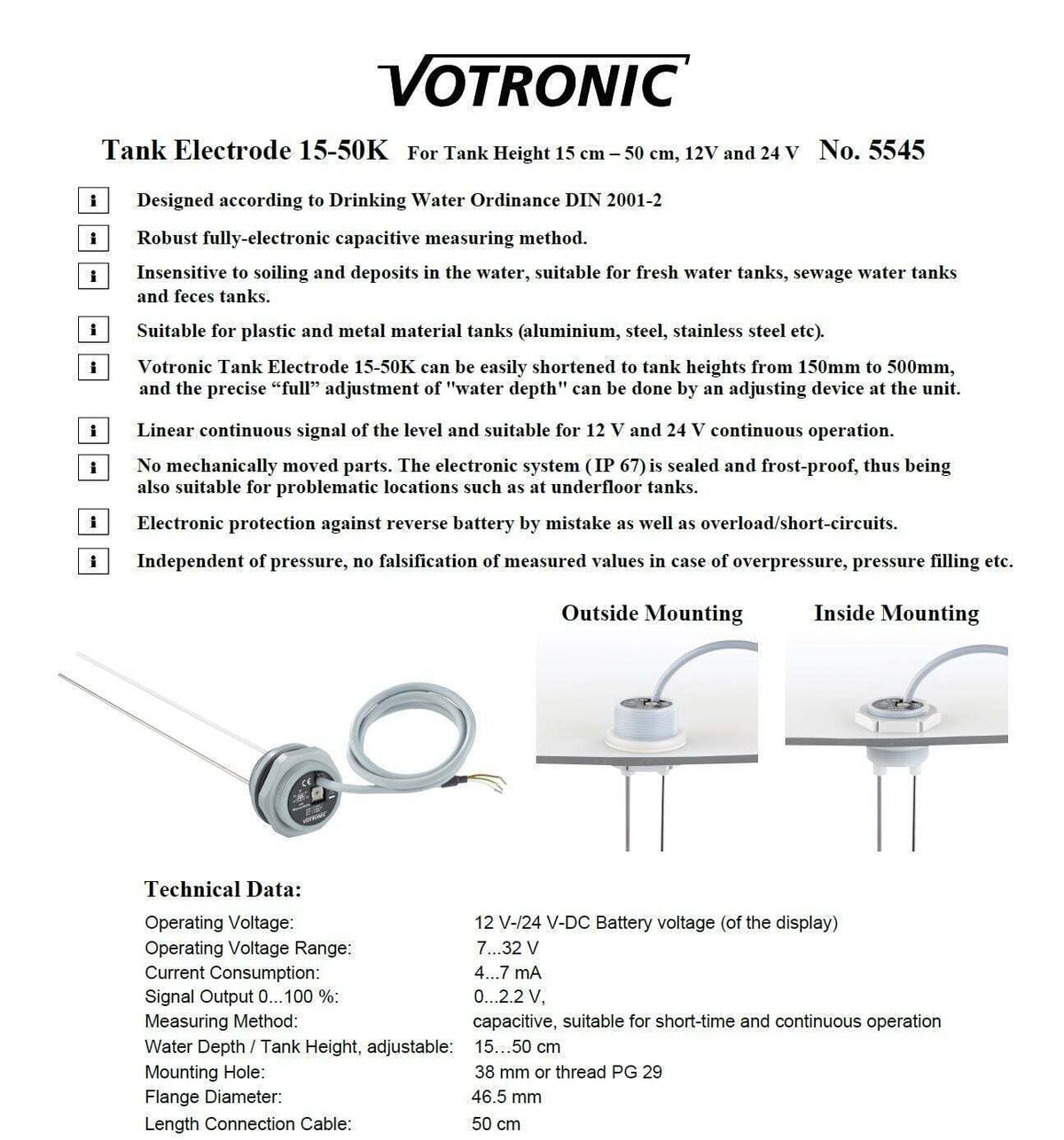 Technical specification sheet for Votronic tank electrode 15-50K for fresh water