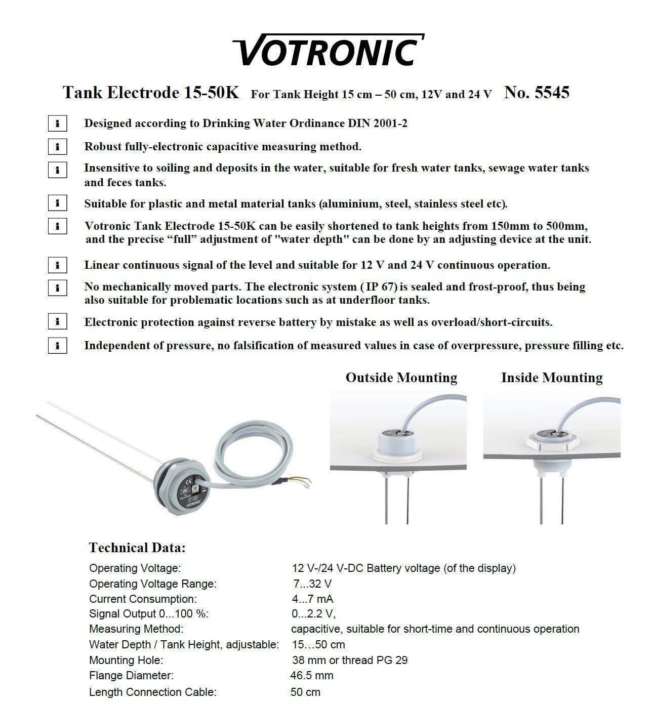Technical specifications and feature list for Votronic tank electrode sensor 15-50K
