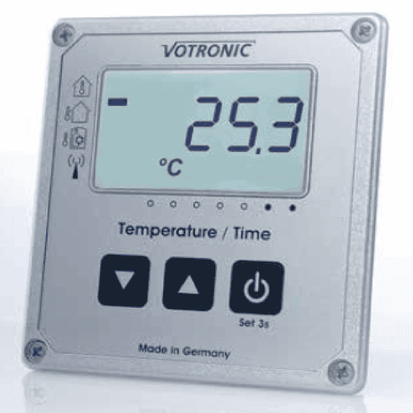 Silver Votronic digital display showing -25.3 degrees Celsius with navigation and power buttons
