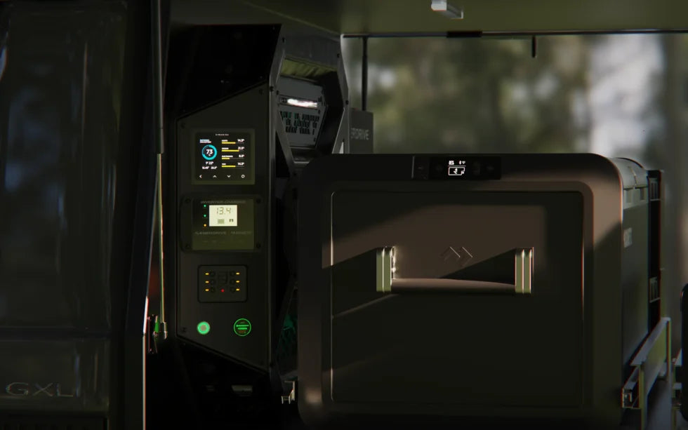 Installation of the Enerdrive power system in a 4WD canopy next to a portable fridge