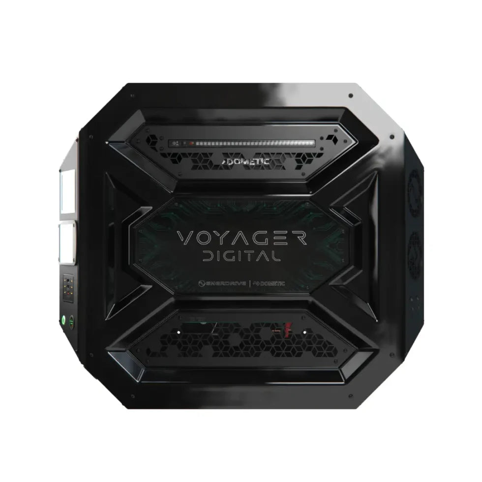 Front-on view of the black powder-coated Voyager Digital power system housing with integrated LED light bar
