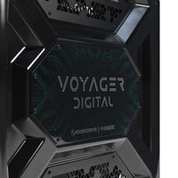 Close-up of the Voyager Digital branding plate on the front enclosure