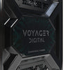 Close-up of the Voyager Digital branding plate on the front enclosure