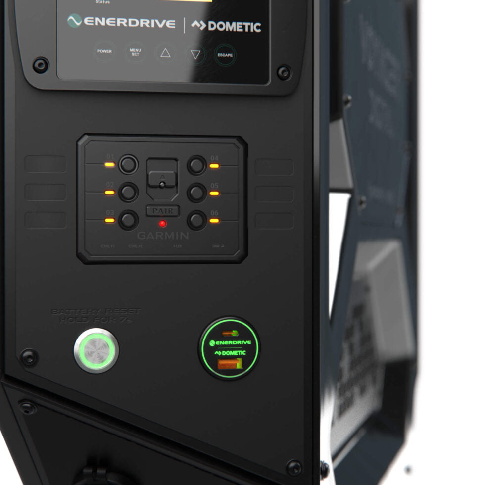 Detail of Garmin digital switch panel, battery reset and high-speed USB-A and C ports