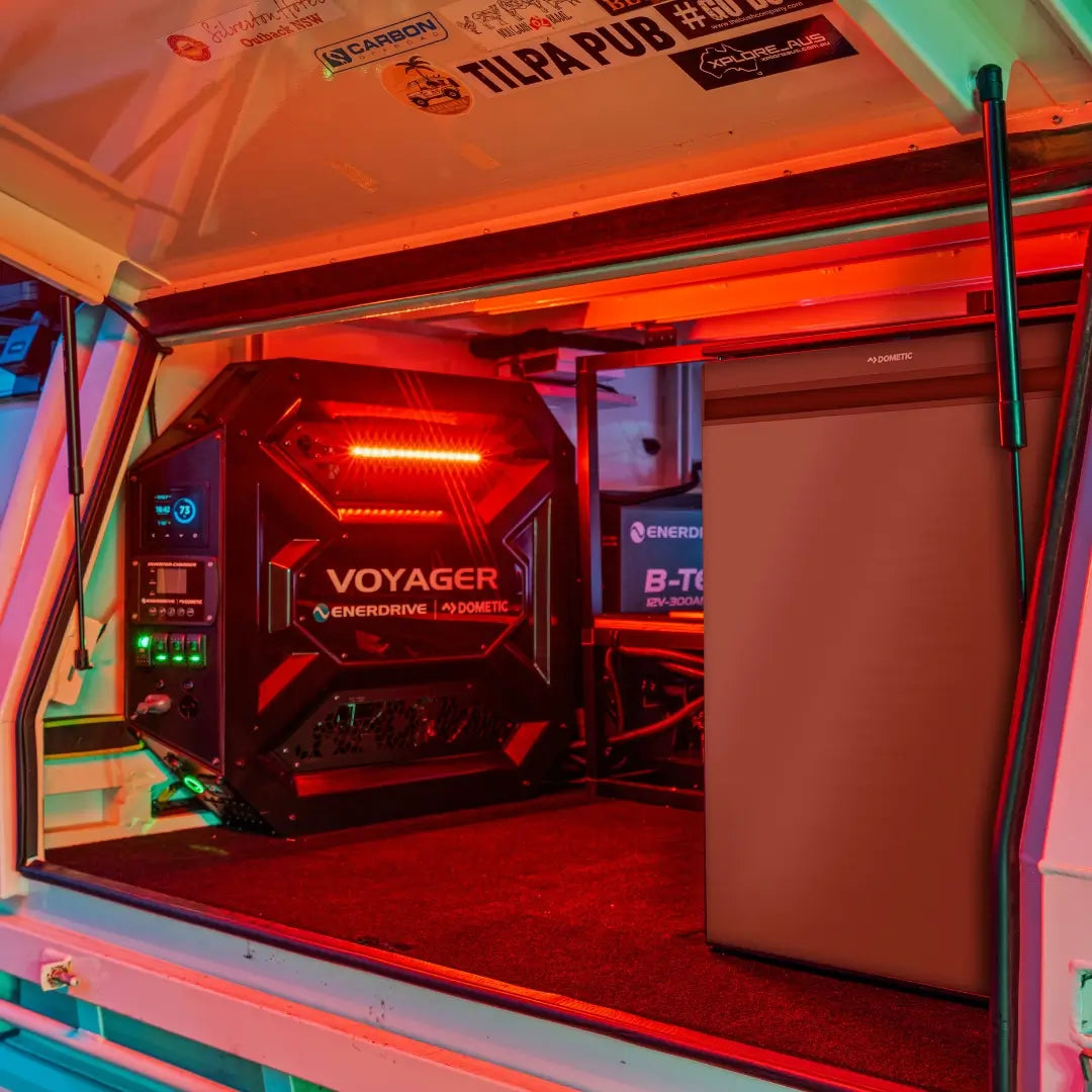 Enerdrive Voyager system with red light bar active in a vehicle canopy setup