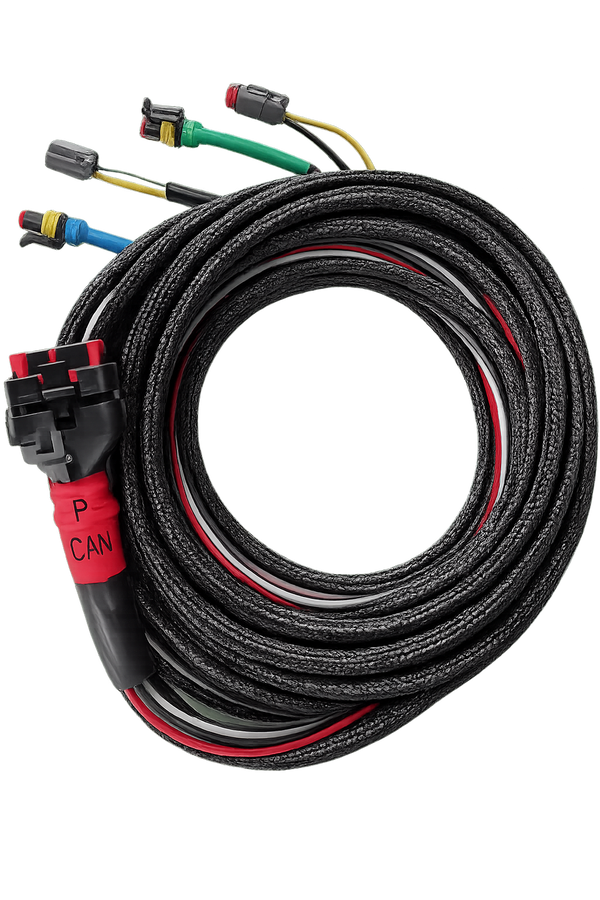 Coiled black Wakespeed WS500 wiring harness with P-CAN connector and multiple sensor plugs