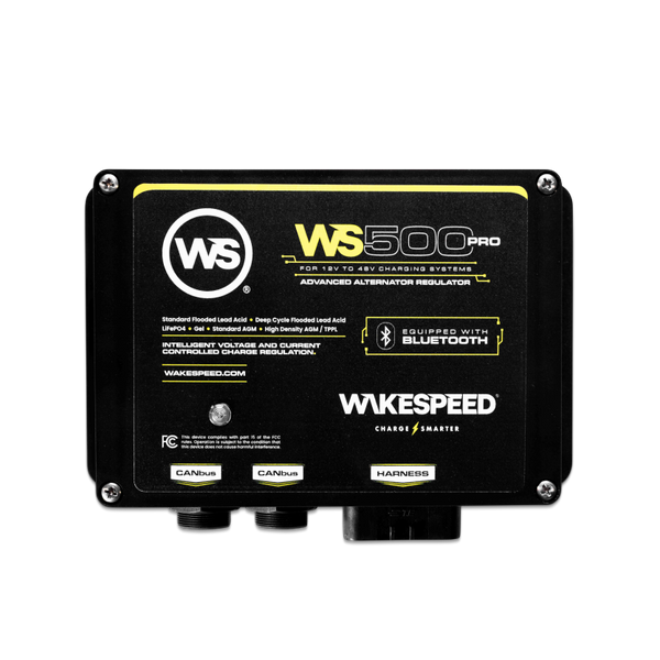Front view of Wakespeed WS500 Pro alternator regulator showing CANbus and harness labels