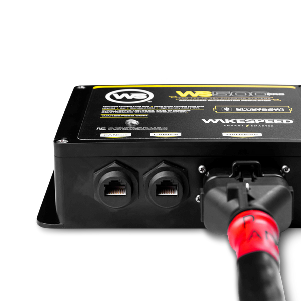 Bottom perspective of the regulator with CANbus ports and a connected wiring harness