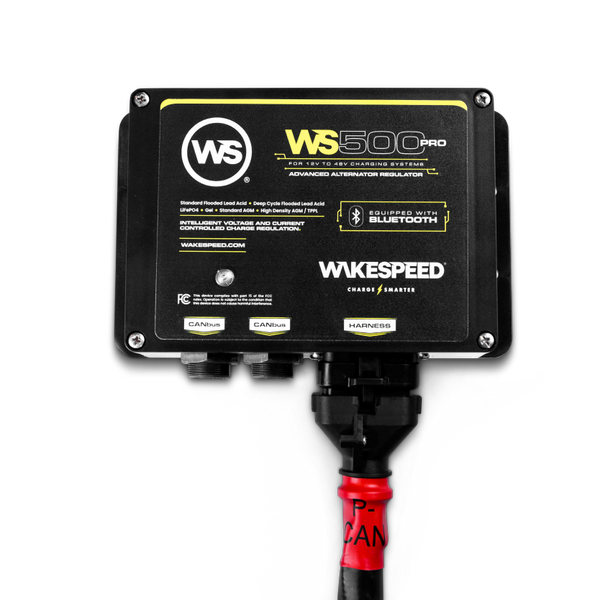 Wakespeed WS500 Pro alternator regulator showing connected wiring harness on white background