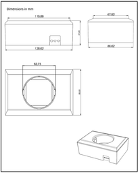 Technical drawing of the wall mount enclosure with external dimensions in millimetres