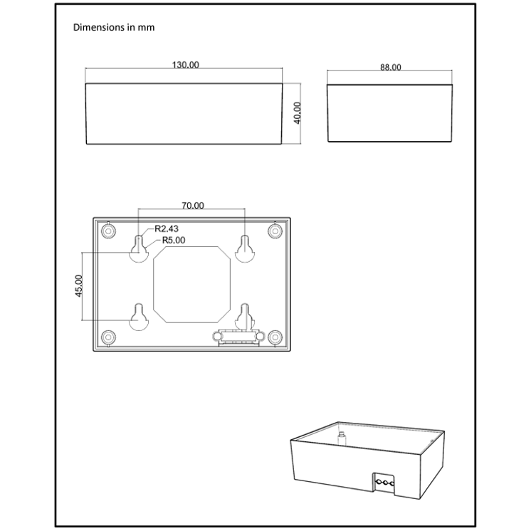 Rear technical drawing showing mounting hole spacing and cable exit point