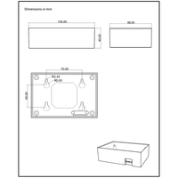 Rear technical drawing showing mounting hole spacing and cable exit point
