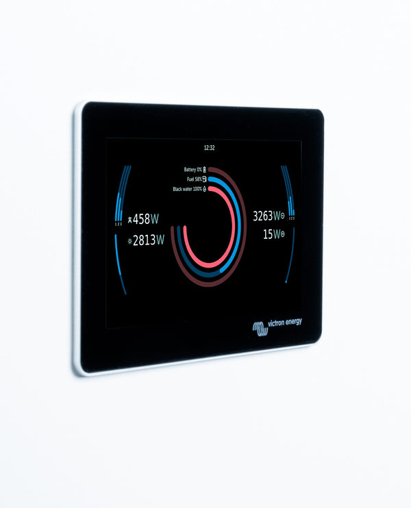Profile view of wall mounted Victron GX Touch 50 display with dark interface theme