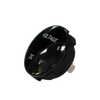 Angled front view of round black voltmeter gauge displaying VOLTAGE and DC V text