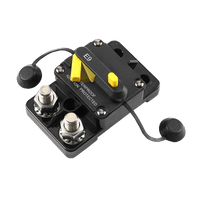 Angled view of 60A circuit breaker showing exposed stainless steel studs and tethered rubber caps