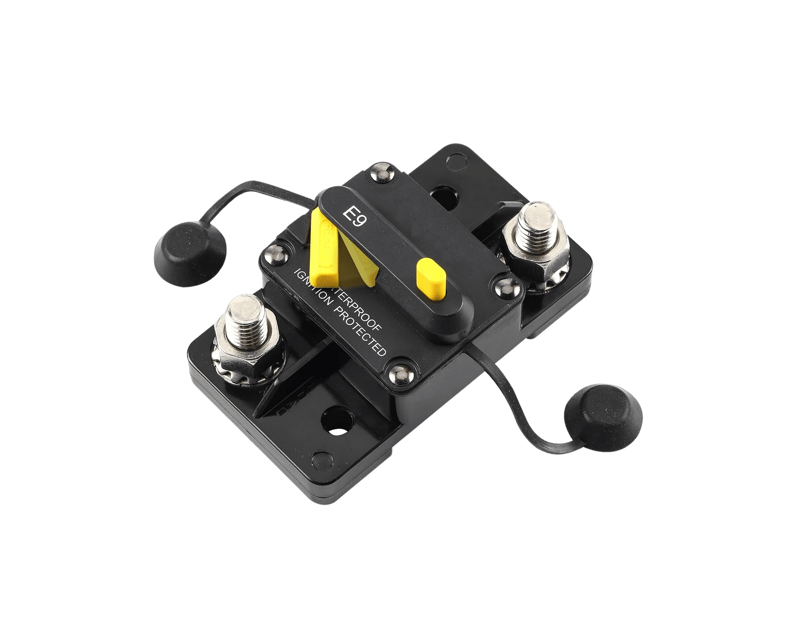 Angled view of surface mount circuit breaker highlighting rugged housing