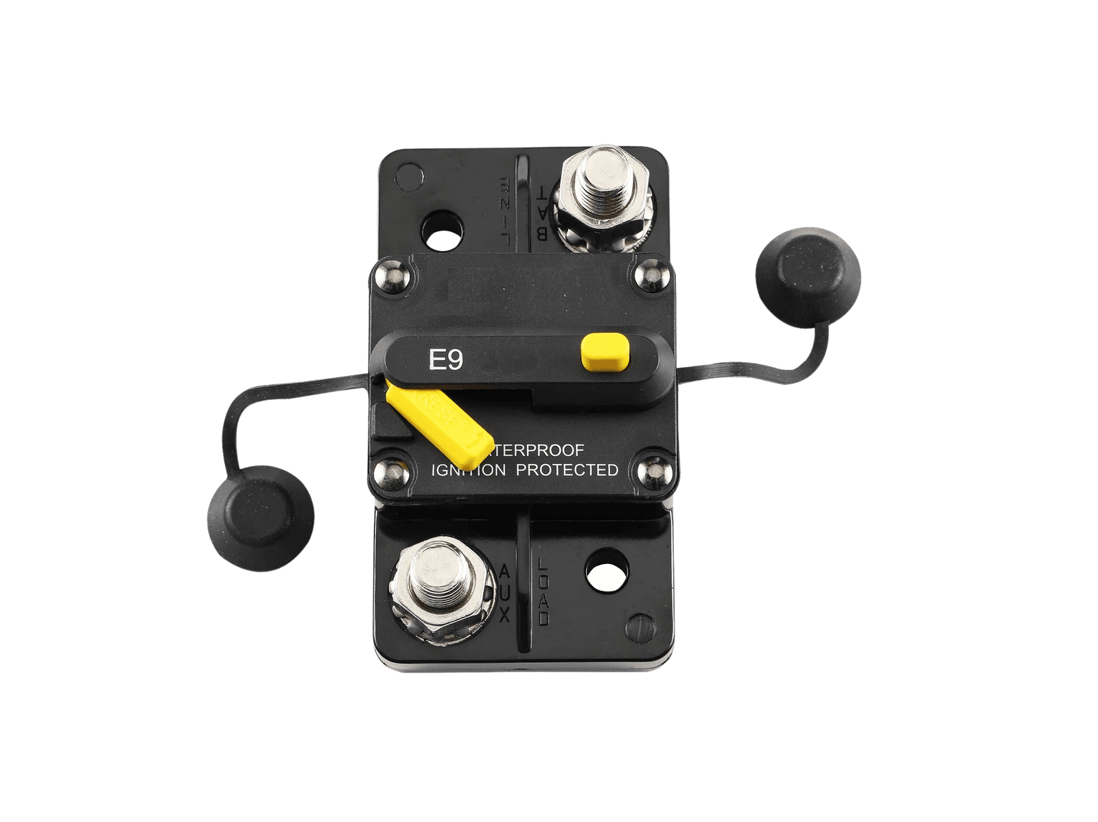 Top view of circuit breaker with caps removed exposing stainless steel studs