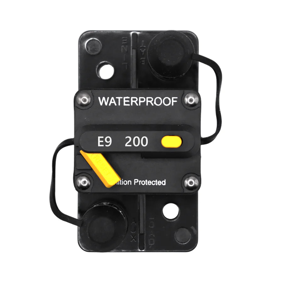 Top-down view of 200A waterproof circuit breaker showing reset lever and protective caps