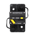 Top-down view of Exotronic 250A waterproof DC circuit breaker with manual reset
