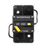 Top-down view of Exotronic 250A waterproof DC circuit breaker with manual reset