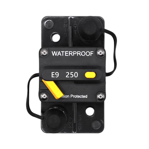 Top-down view of Exotronic 250A waterproof DC circuit breaker with manual reset