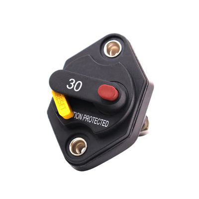 Front view of 30A waterproof DC circuit breaker showing manual reset lever