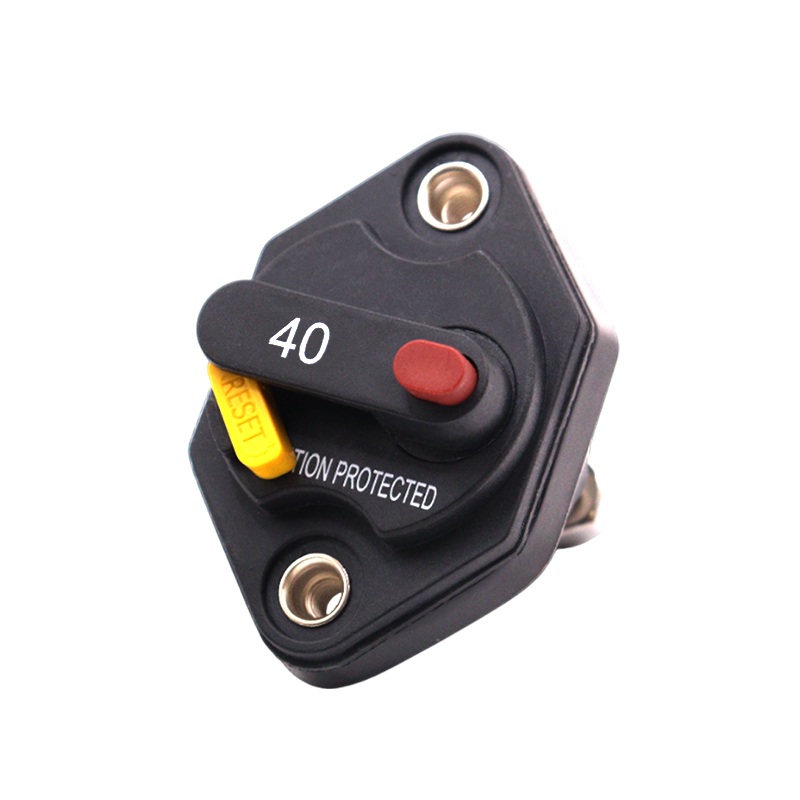 Front angled view of 40A waterproof circuit breaker showing reset lever, red trip button and mounting holes