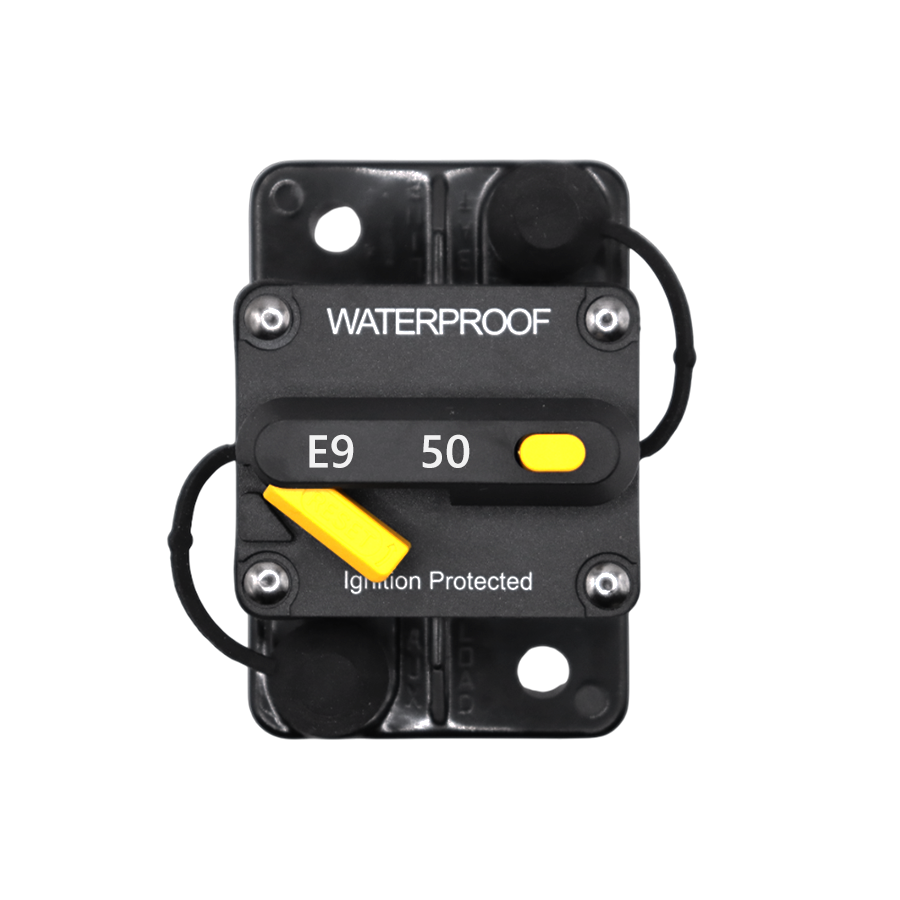 Top view of Exotronic 50A waterproof DC circuit breaker with yellow reset lever and button
