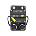 Top-down view of 50A waterproof DC circuit breaker showing reset lever and terminals