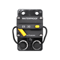 Front view of 30A waterproof DC circuit breaker with manual reset switch and protective caps