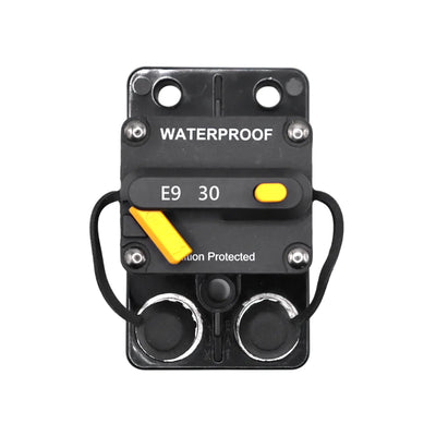 Front view of 30A waterproof DC circuit breaker with manual reset switch and protective caps