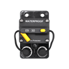 Front view of 30A waterproof DC circuit breaker with manual reset switch and protective caps