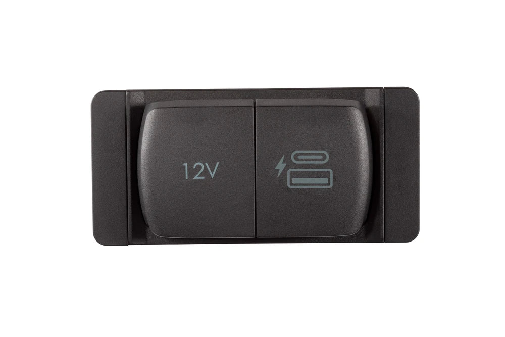 Front view of dual marine power socket with closed waterproof lids and bezel