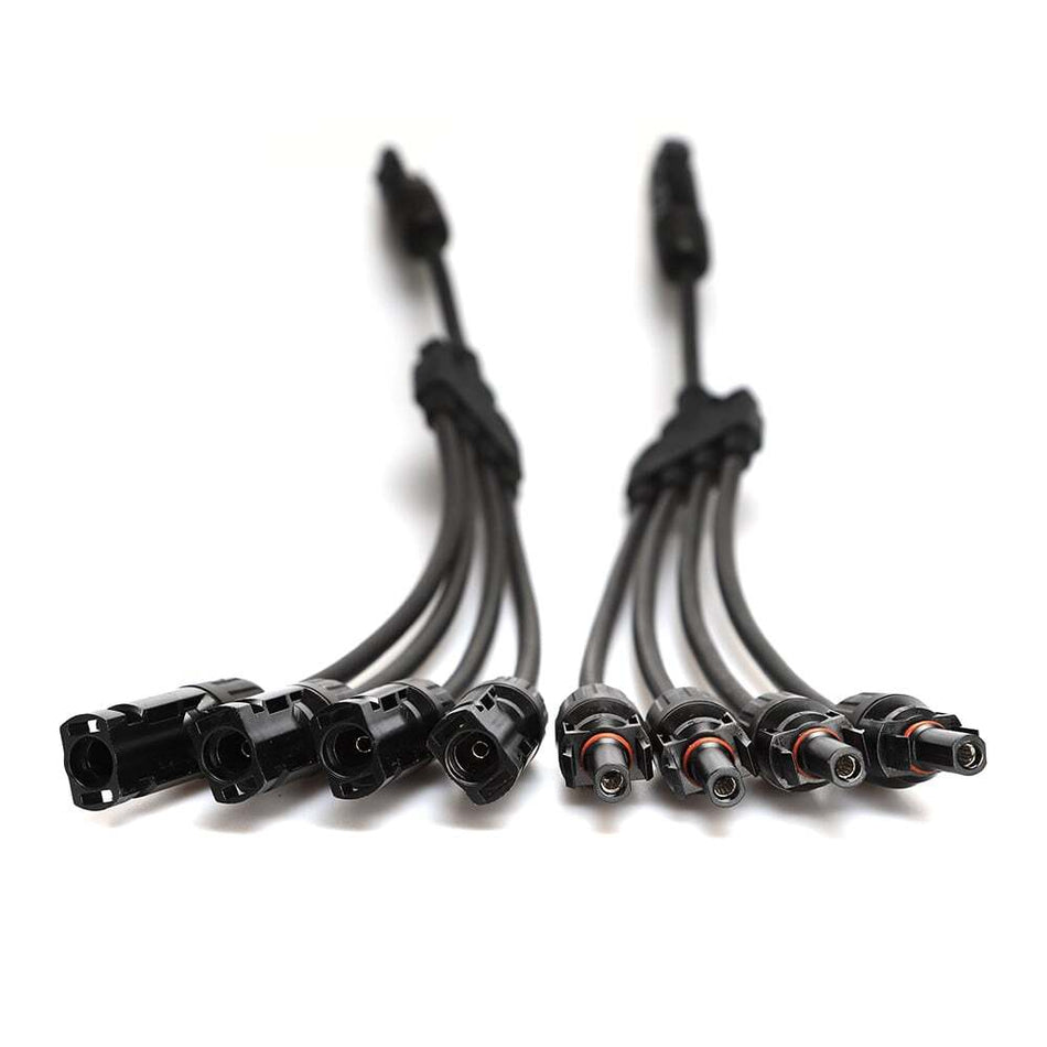 Close-up of solar connector terminals showing red O-rings and snap-in locking tabs