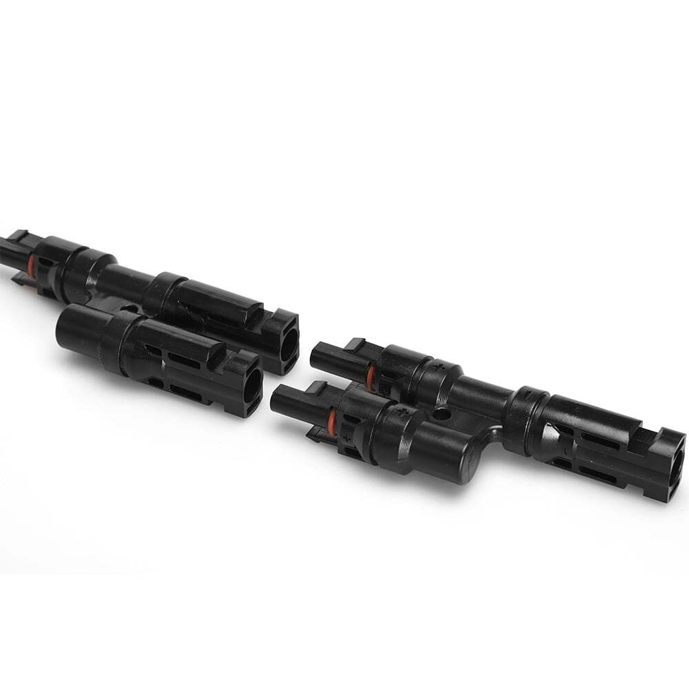Horizontal view of solar branch connectors displaying locking tabs and red waterproofing seals