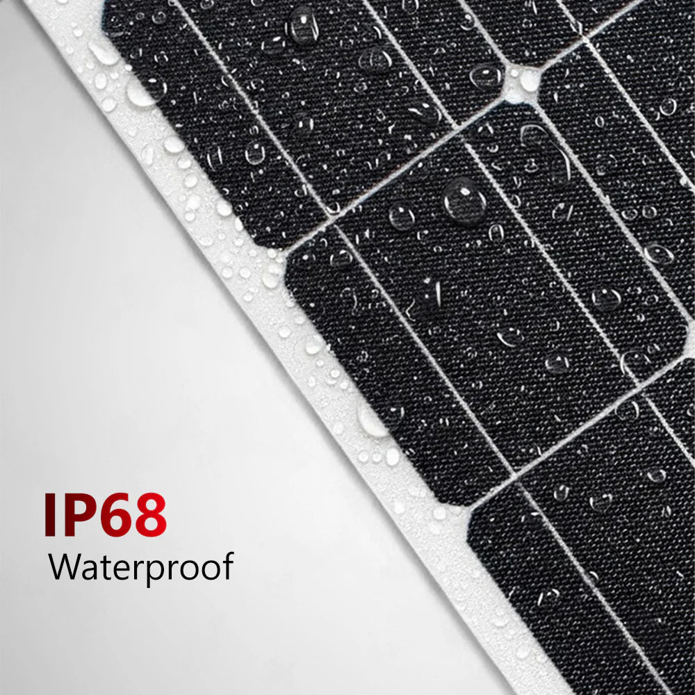 Macro view of solar panel surface with water droplets highlighting IP68 waterproof rating