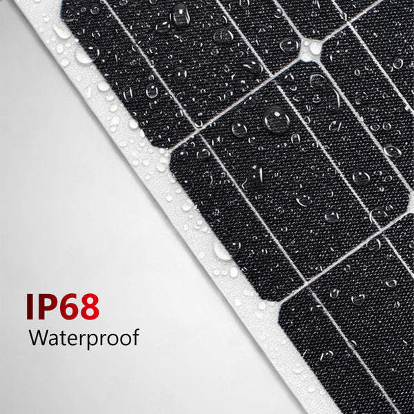 Macro view of solar panel surface with water droplets highlighting IP68 waterproof rating