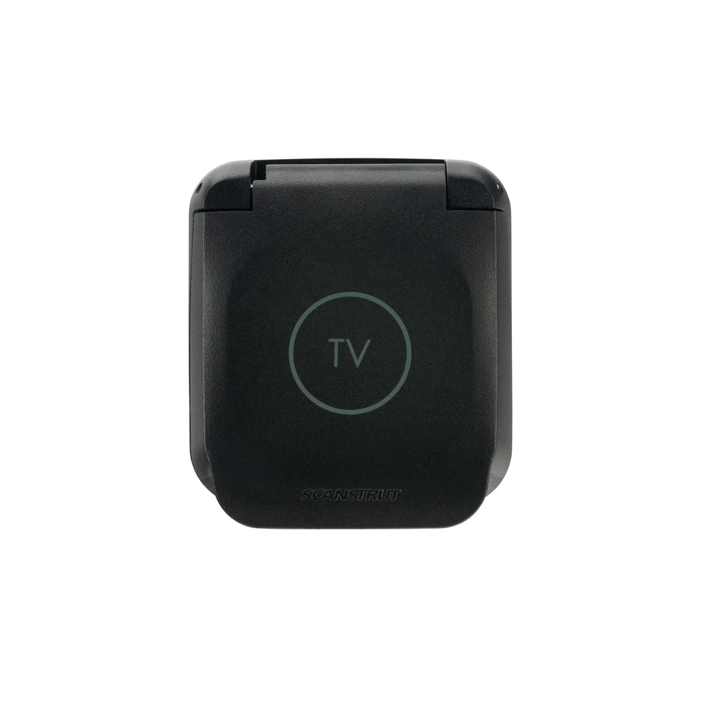Front view of waterproof TV socket with lid closed showing TV icon and logo
