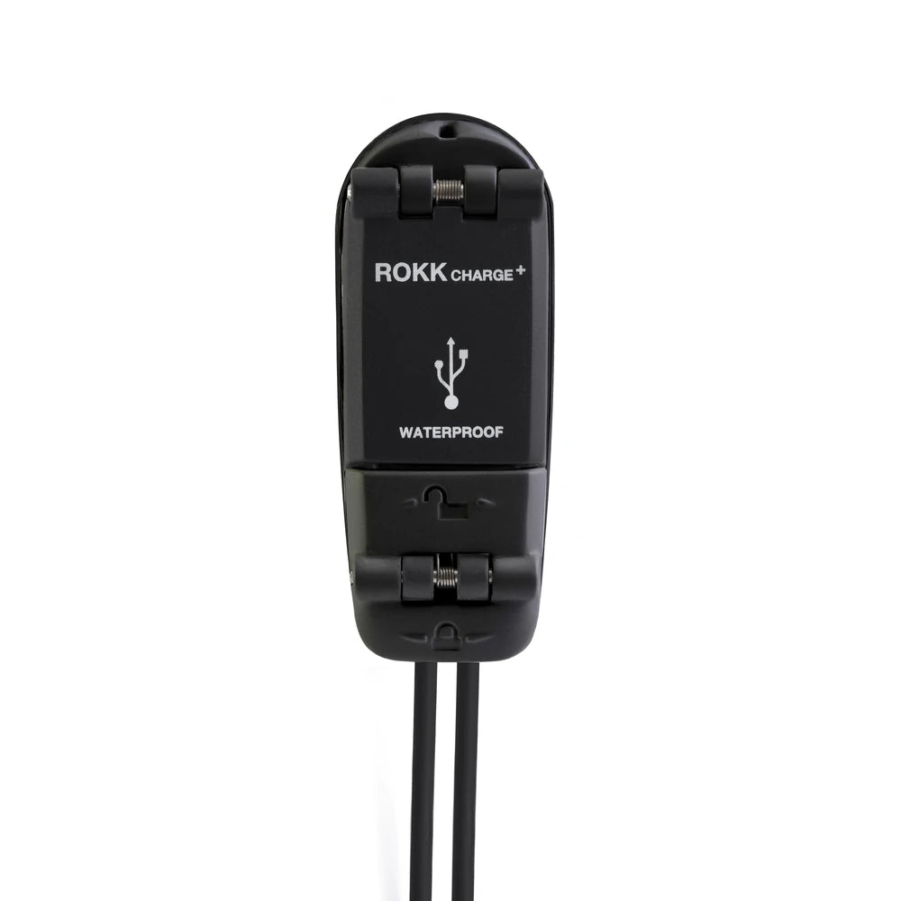 Front view of closed waterproof USB socket with cables at base