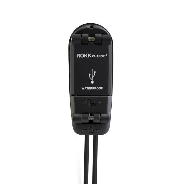 Front view of closed waterproof USB socket with cables at base