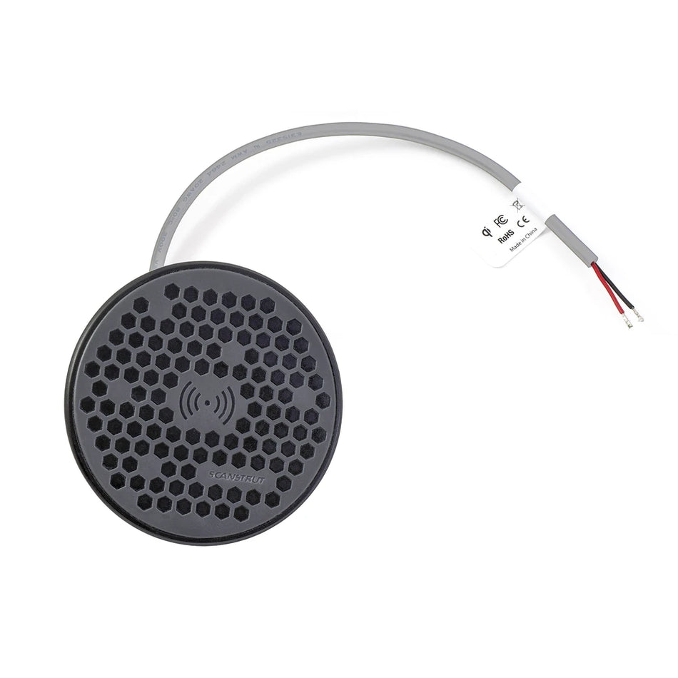 Wireless charger unit with integrated power lead and regulatory information tag