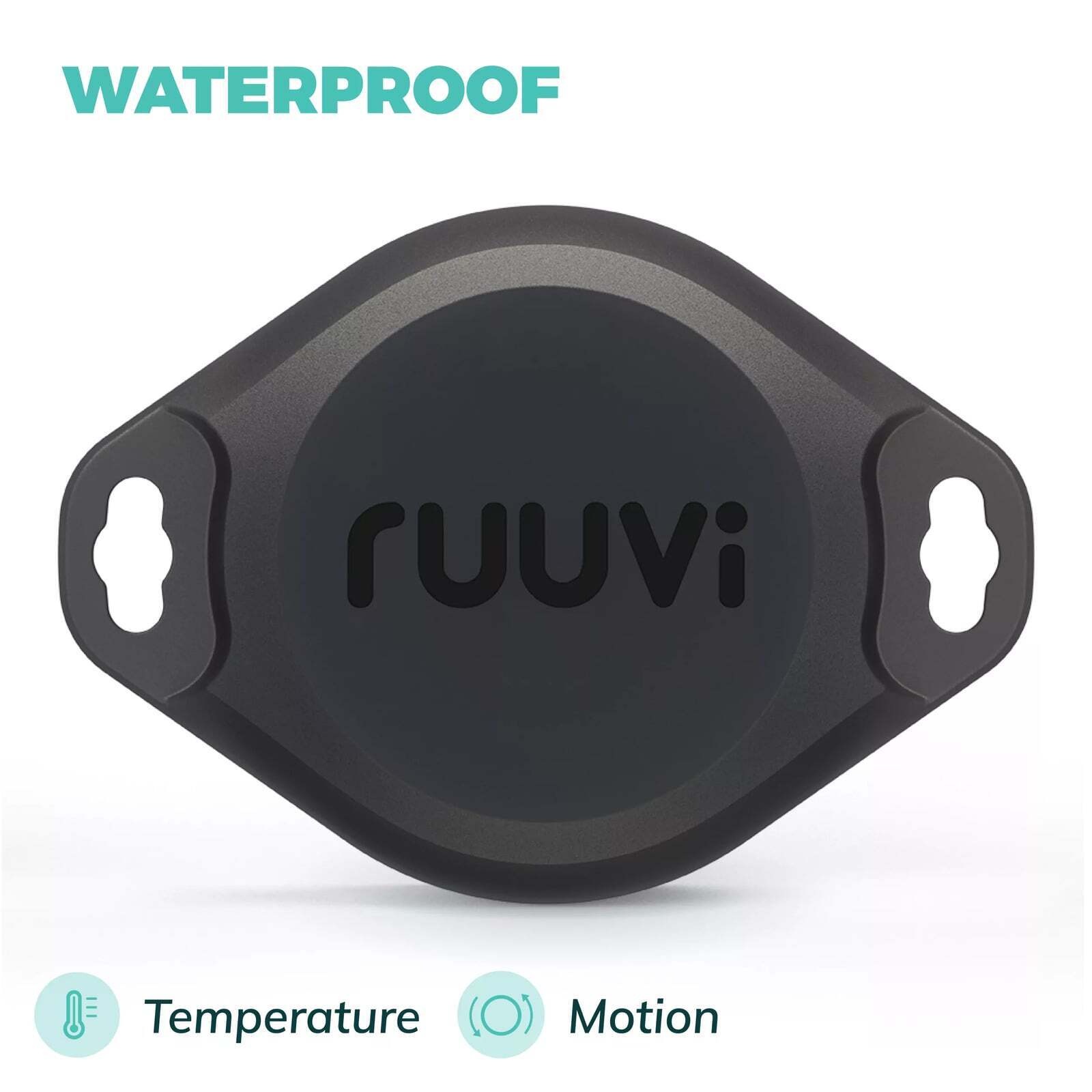 Top-down view of black RuuviTag Pro sensor highlighting waterproof rating, temperature and motion sensing capabilities