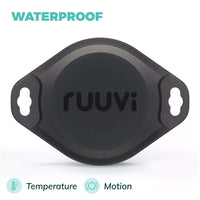 Top-down view of black RuuviTag Pro sensor highlighting waterproof rating, temperature and motion sensing capabilities