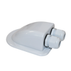 Angled view of white ABS dual cable entry gland showing aerodynamic housing and wide base flange for mounting