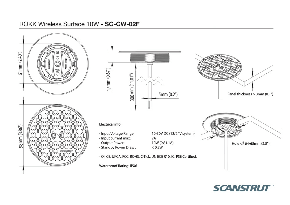 Technical dimensional drawing of 10W recessed wireless charger