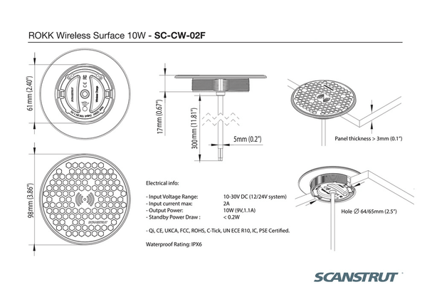 Technical dimensional drawing of 10W recessed wireless charger