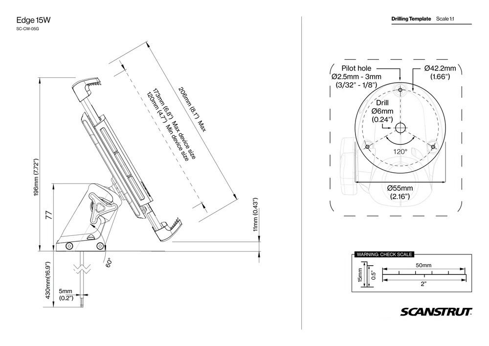Dimensional drawing and scale drilling template for the waterproof wireless phone charger mount