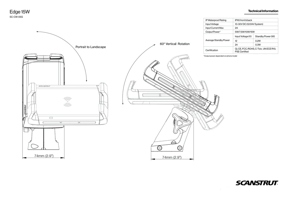 Technical drawing illustrating the 90-degree rotation and 60-degree vertical tilt range of the phone mount