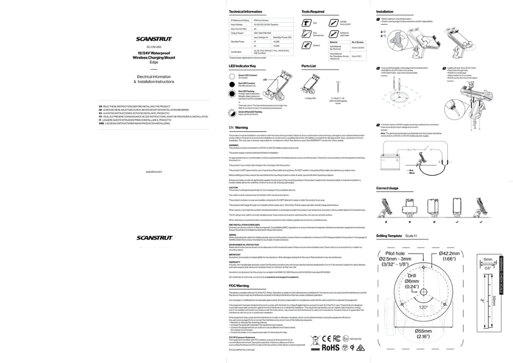 Technical information and installation instructions for the Scanstrut wireless phone charging mount